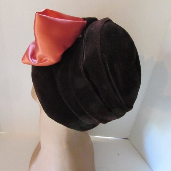 SALE Vintage Bucket Hat Brown Velvet Copper Satin Bow